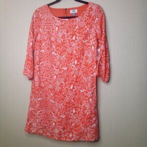 Old Navy Dress Women XS 3/4 Sleeve Back Zip Trees Birds Owl Rabbit Coral Orange